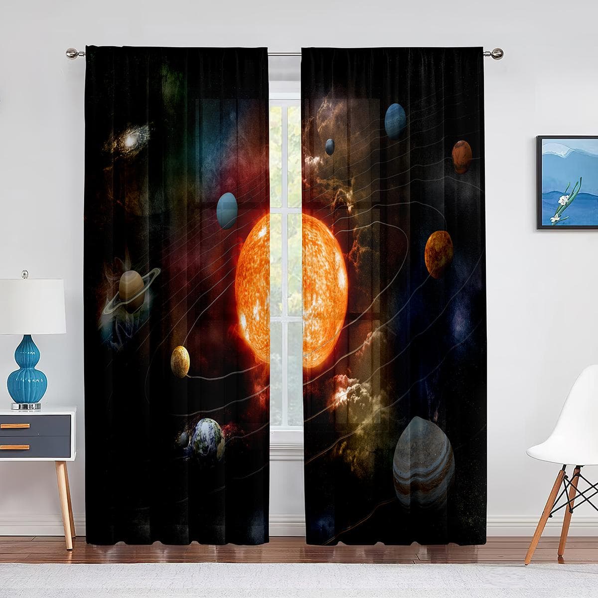 Solar System Outer Space Sheer Voile Curtain for Living Room Bedroom Decor Planet Galaxy Glitter Fantasy Window Tulle Curtains 1 PCS W100XH250cm&Grommet Top