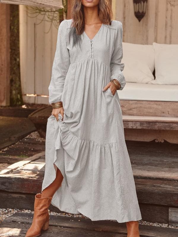 Women's Cotton and Linen Retro Casual Long Sleeved Dress XXXL light grey