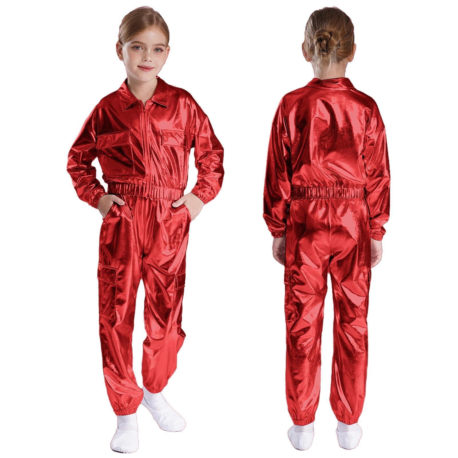 Kids Boys Girls Jazz Hip-Hop Street Dance Performance Costume Metallic Shiny Long Sleeve Athletic Jacket Coat with Pants Outfits 9-10 Years red