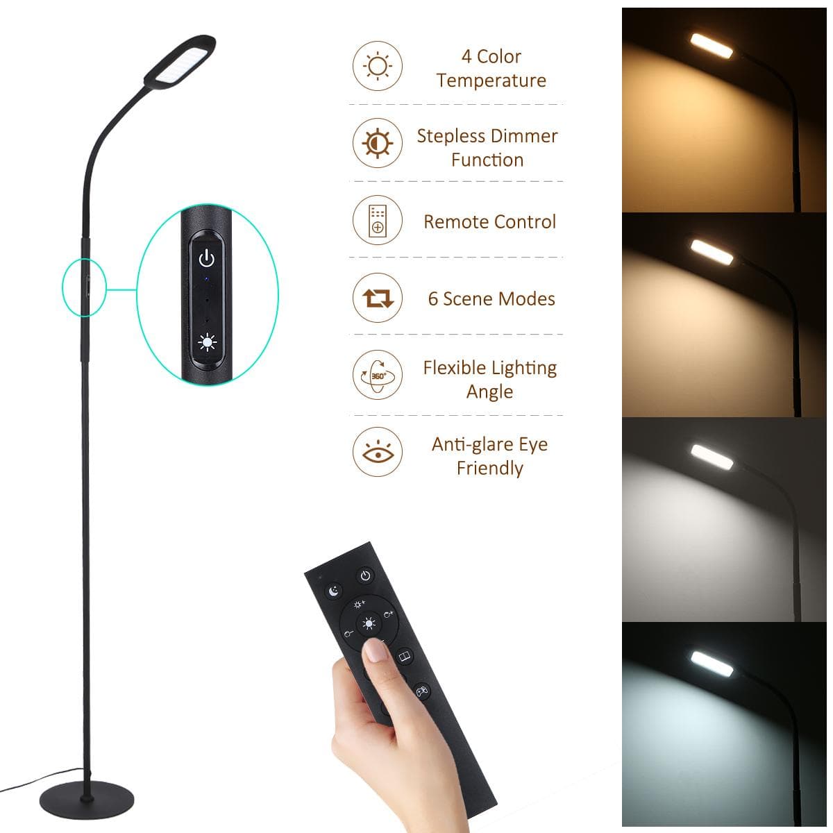 Tomshine LED Floor Lamp Remote & Touching Control High Lumens Reading Standing Light 4 Color UK Adapter black