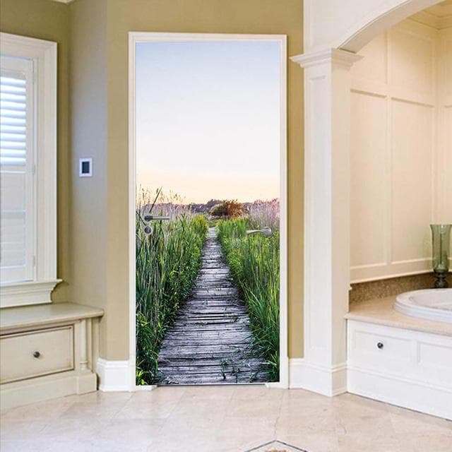 3D Scenery Porch Vinyl Door Sticker For Bedroom Home Decor Self Adhesive Removable Wall Decal Door Renovation Waterproof Poster 40x120cm(not cut)