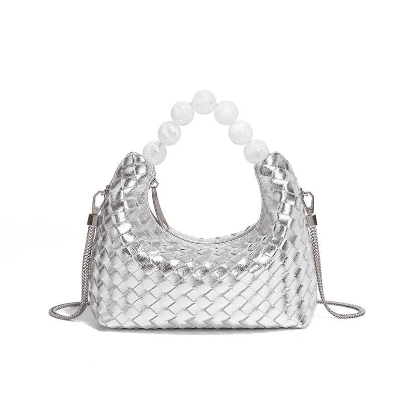 High-quality, Fully Hand-woven Soft Leather Lunch Box Bag for Women, Simple Style Pearl Hand-held Shoulder Crossbody Bag