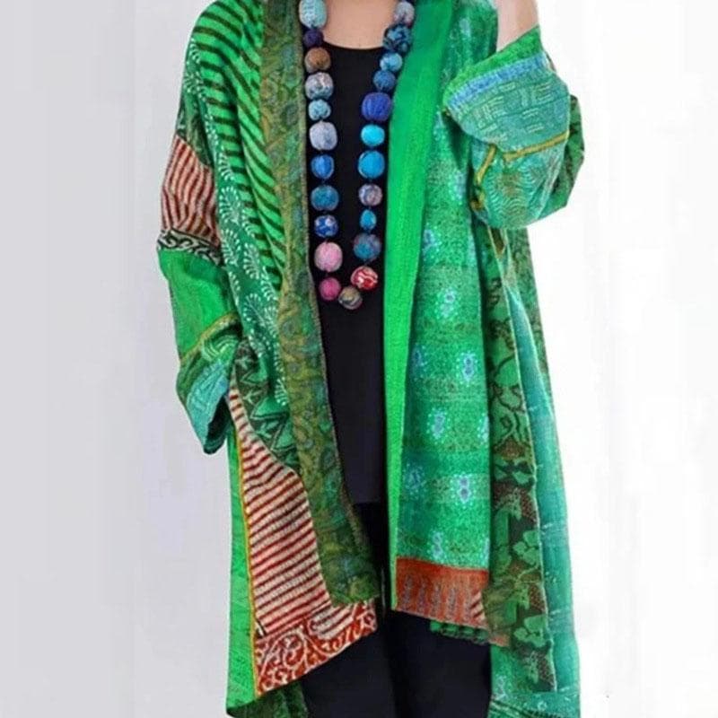 Vintage Cotton Linen Loose Ethnic Style Print Knitted Cardigan Large Size Long Sleeve Coat Autumn Winter Retro Women's Sweater XXXL green