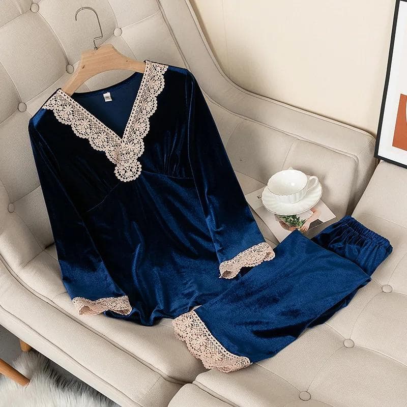 Velvet Pajamas Women Autumn Winter Sleepwear Long Sleeve Casual Nightwear Pyjamas Suit Loose Home Clothes Lace Trim Sleep Set 2XL
