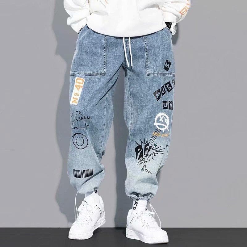 Men's Lettered Print Jeans Loose Cartoon Graffiti Leggings Drawstring Pants XL light blue