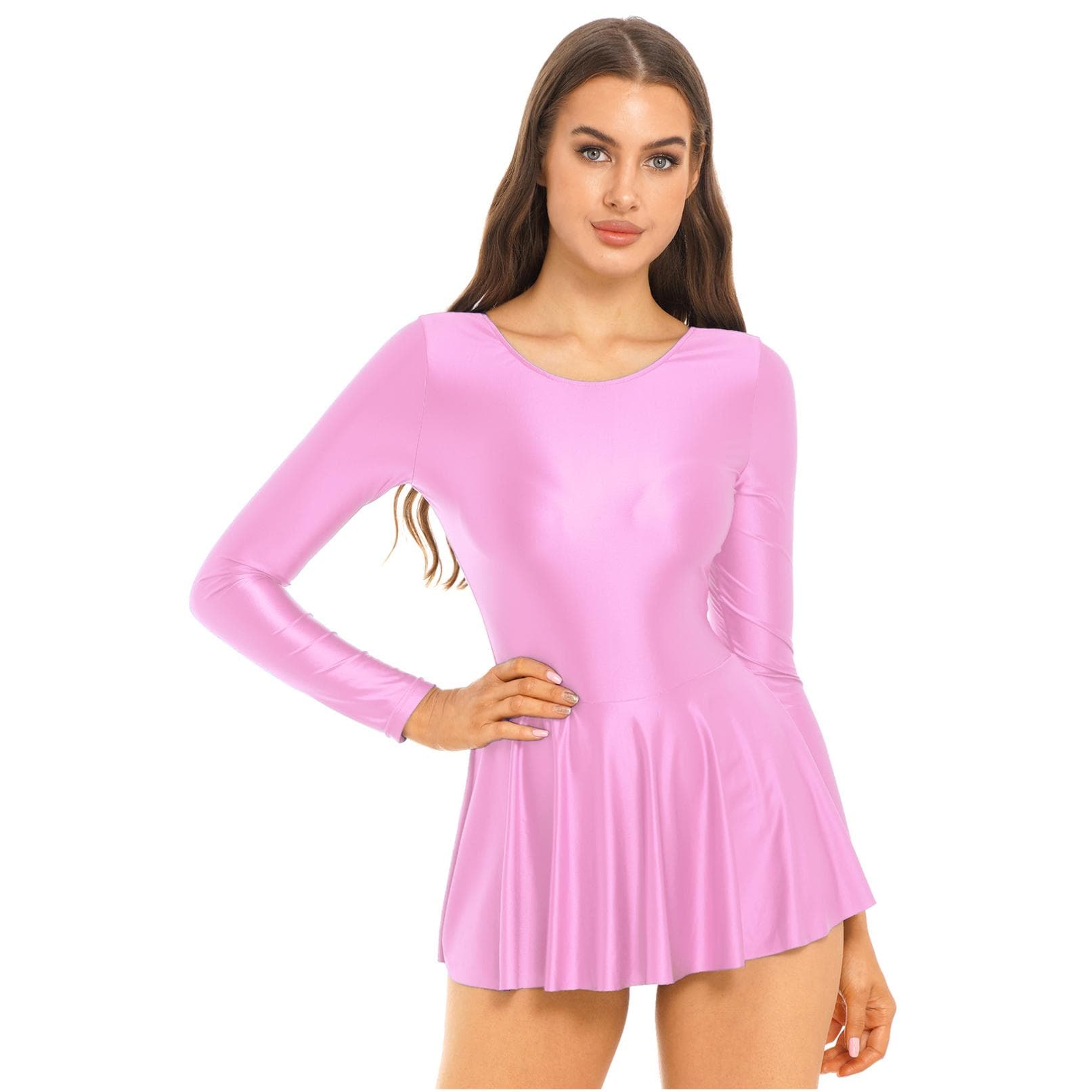Women's Glossy Figure Ice Skating Dress Gymnastics Leotard Bodysuits Sportwear Dress S pink