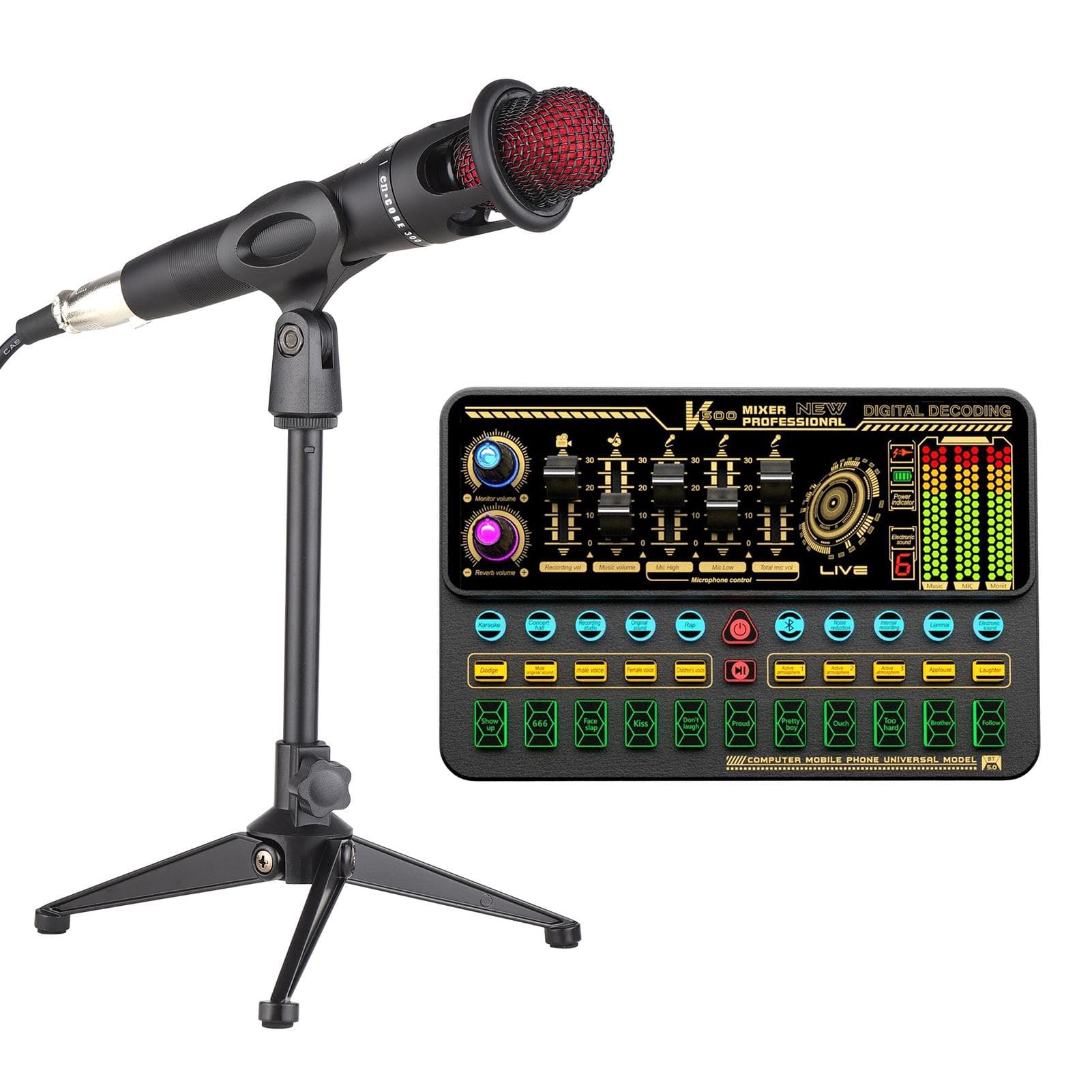 SK500 Portable Live Sound Card Voice Changer Device Audio Mixer Kit with Microphone Mic Stand Earphone Sound Card Kit