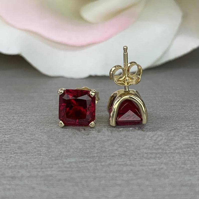 1 Pair Silver Gold Color 4/5/6/7MM Red Stone Earrings Princess Square Stud Earrings for Women Wedding Ear Studs Party Jewelry 6mm gold