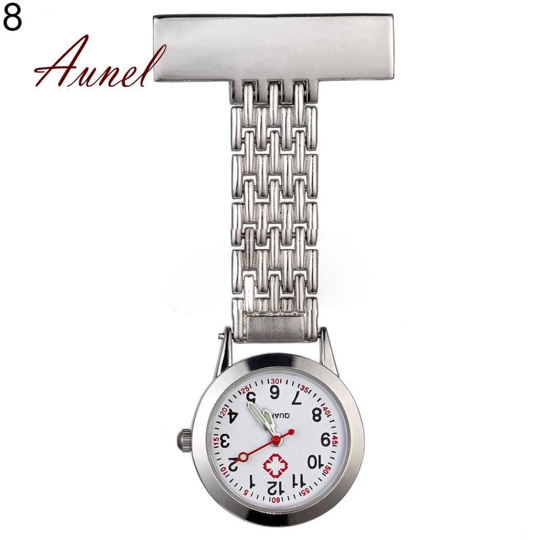 Metal Clip-on Pocket Quartz Analog Brooch Medical Nurse Fob Watch silver