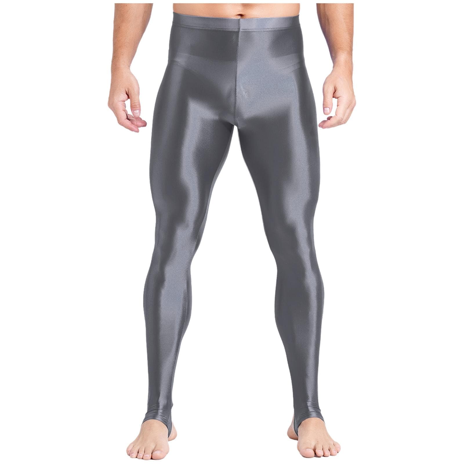 Mens Plus Size Glossy Leggings High Waist Tummy Control Fitness Gym Workout Pants L grey