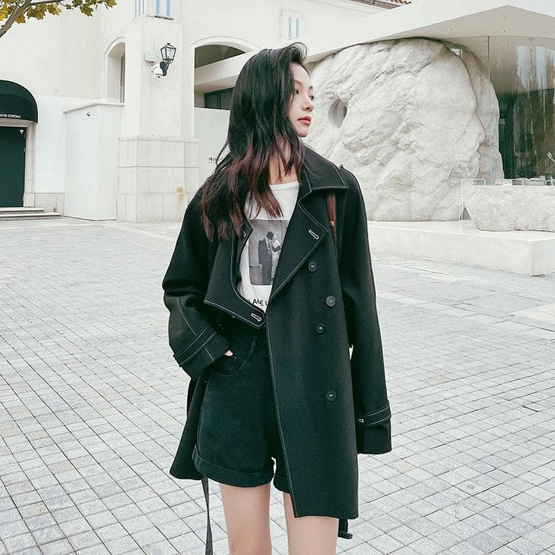 Spring New Top-stitched Edge Small Windbreaker Feminine Double-breasted Belt Waist Jacket XL black