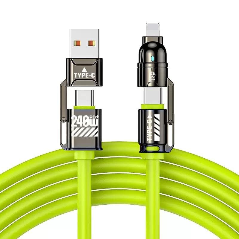 Maximum 240W 4-in-1 Fast Charging Cable, with Two Trailing Charging Cables, Equipped with USB-A/Type-C/Lightning, 4-in-1 Fast Charging Cable 1m green