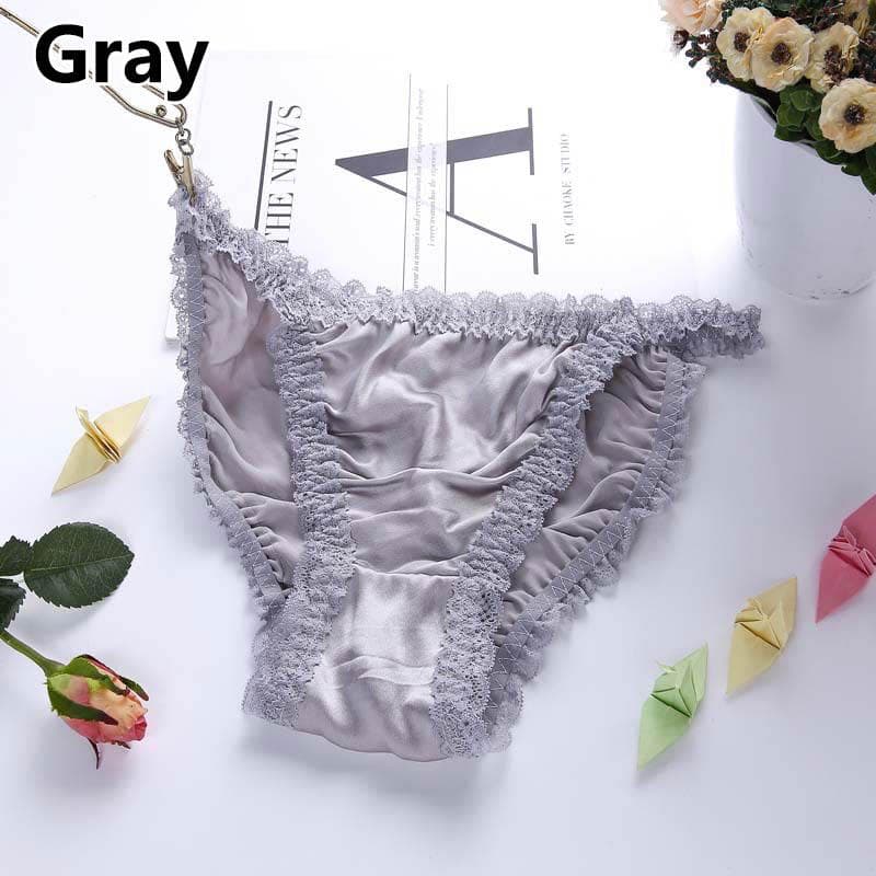 Women Underwear Soft Silk Satin Silk Panties Lingerie Lace Knickers G-String Summer Briefs M gray