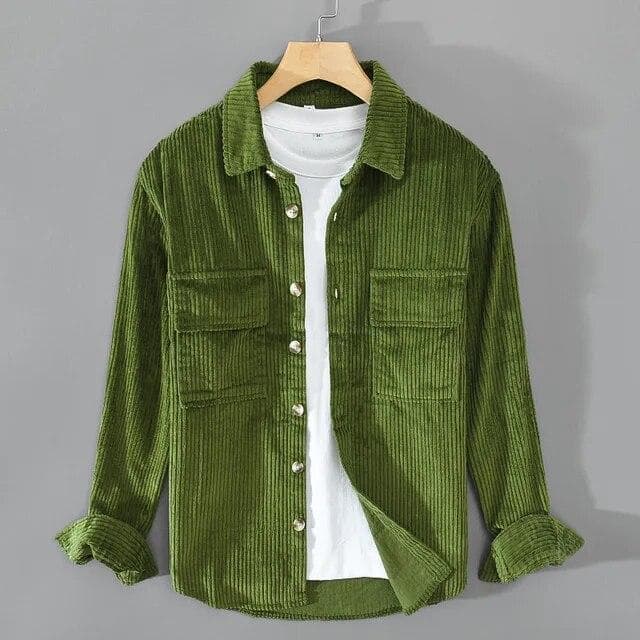 Autumn Winter Men's Shirt Pure Cotton New Casual Cargo Long Sleeve Top Lapel Collar Pockets Corduroy Shirts Youth Fashion Clothing L green