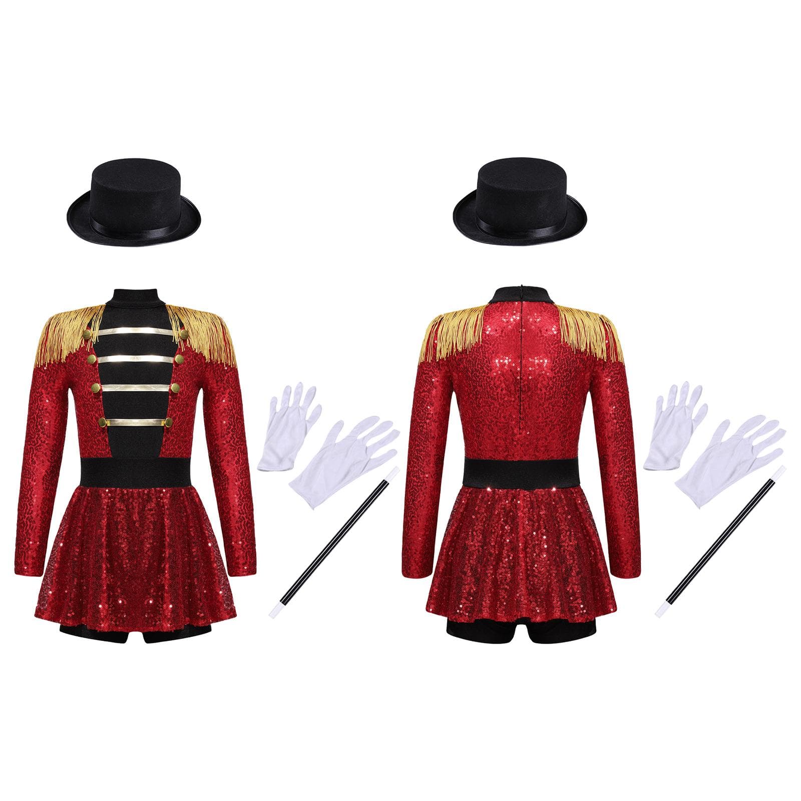 Kids Girls Halloween Party Circus Ringmaster Costume Shiny Sequined Tassel Lion Tamer Leotard Dress Dancewear 9-10 Years red