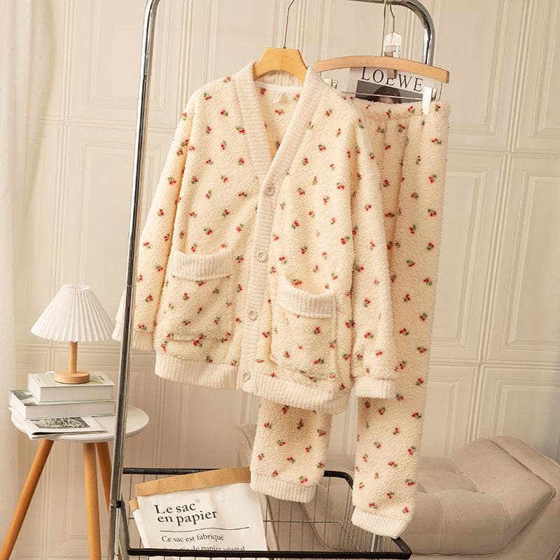 Long Trousers Set 2Pcs Warm Flannel Pajamas Suit Home Clothes Autumn Winter Loungewear with Pocket Women Cute Print Sleepwear XL
