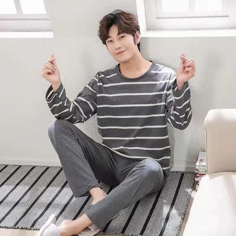 Summer Men's Pyjamas New Long-Sleeved Large Size Youth Home Wear Suit Black Plaid Trousers Two-Piece Set Can Be Worn Outsid One size grey