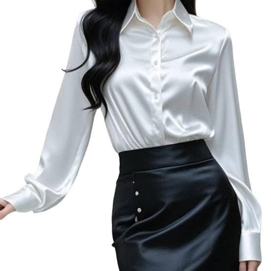 Women Shirt Solid Color Smooth Satin Long Sleeve Lapel Casual Tops Single Breasted XL white