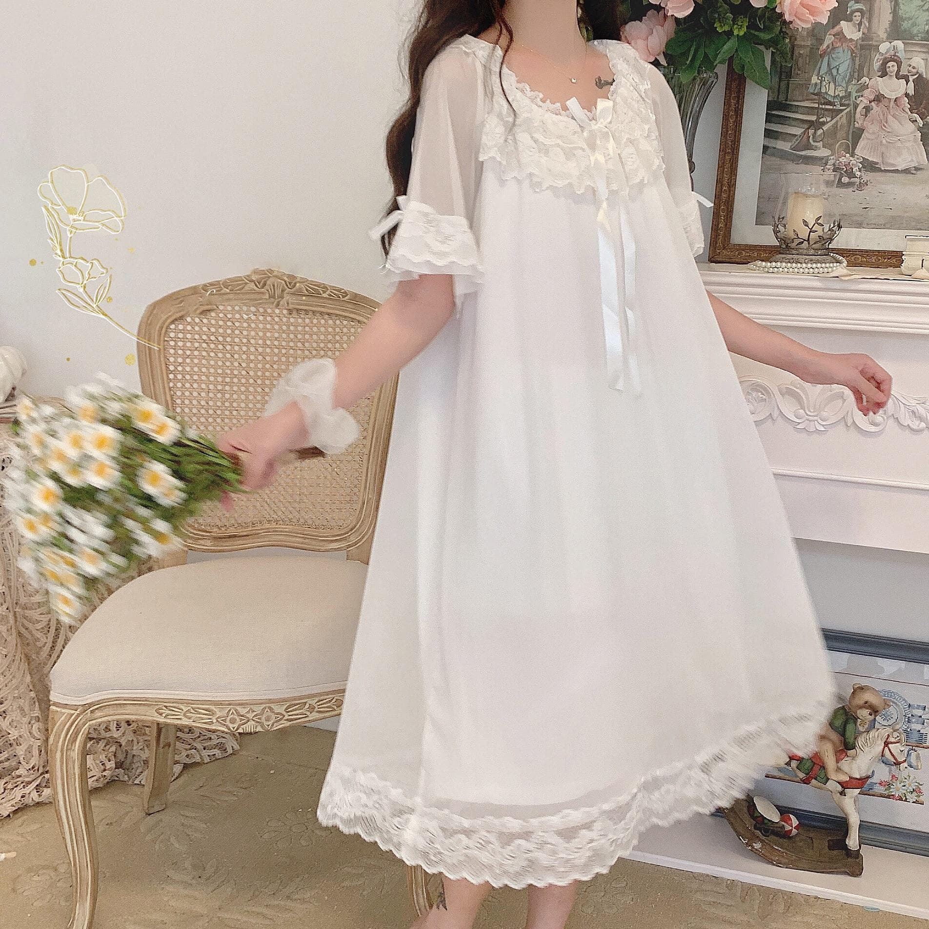 Woman Robe Nightgown Long Sleepwear Vintage Elegant Homewear Ladies Long Dress Full Length Nighties L white