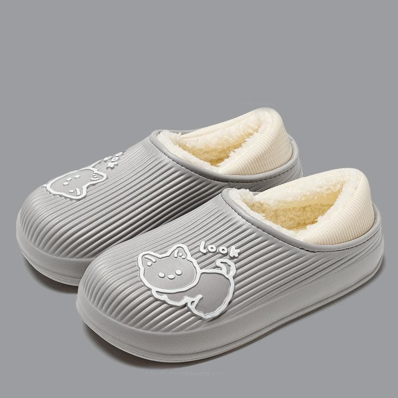 Winter Waterproof Warm Plush Cotton Slippers for Women with Thick Sole, Non-Slip, Solid Color, Suitable for Indoor Home Use and Couples 44-45 grey