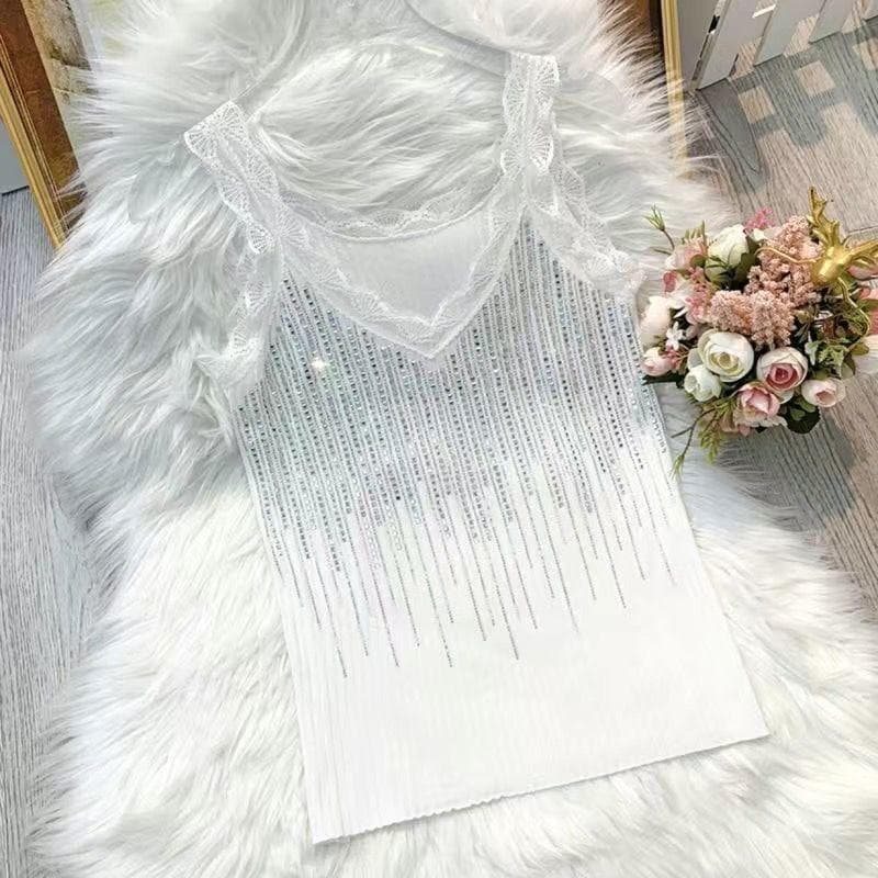 Summer New Lace Rhinestone Camisole Vest Women's Knitted Base Top 5XL 150-85kg