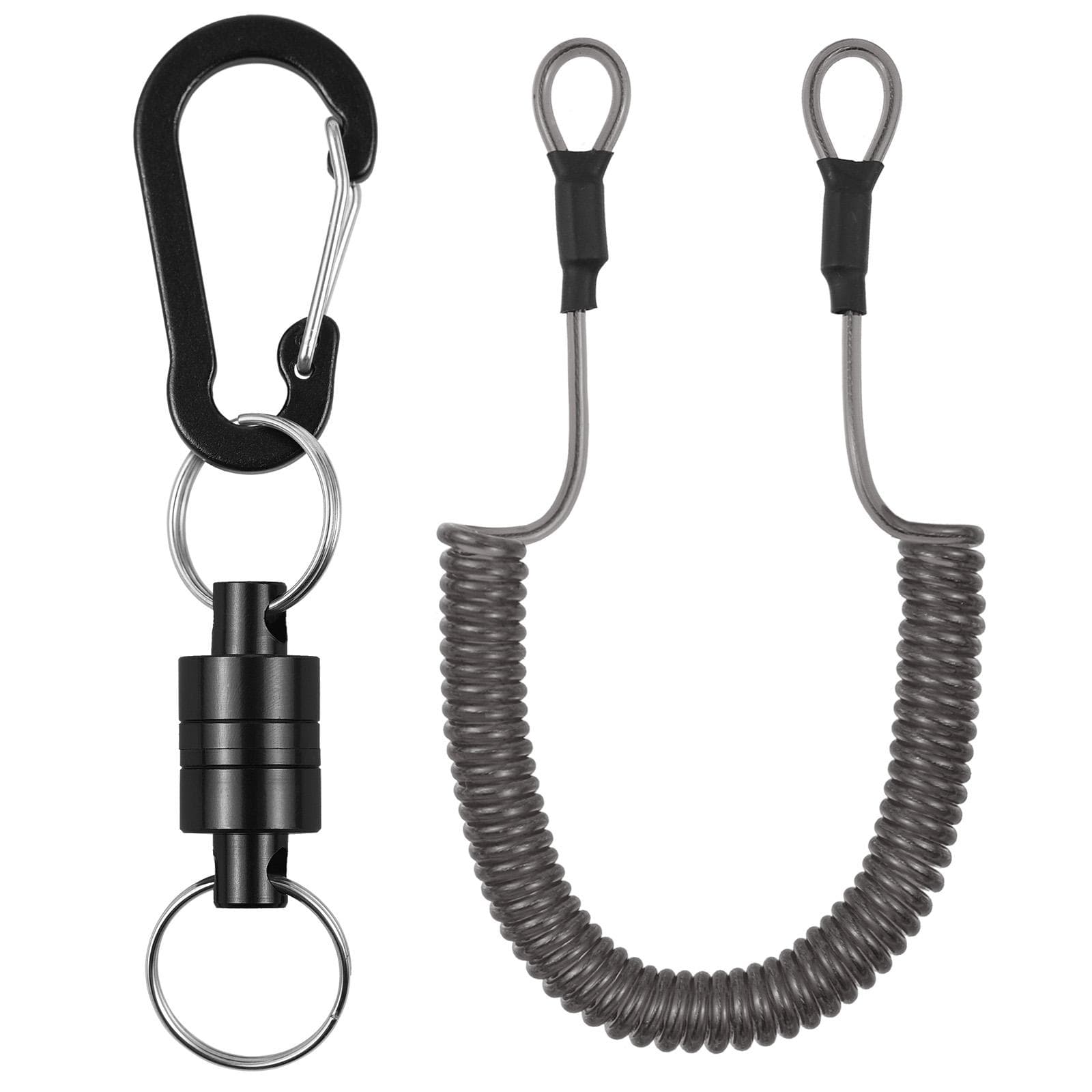 Tool Lanyard Bungee Cords with Carabiner Clips Strong Magnetic Net Release for Fly Fishing with black
