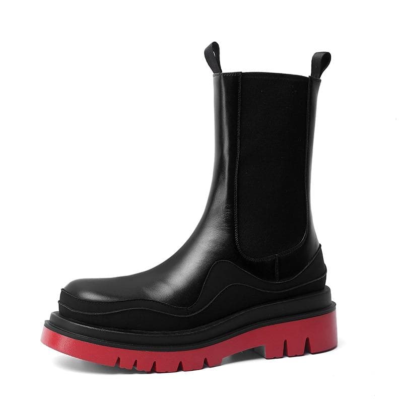 Women Genuine Leather Thick Bottom Spring Autumn Mid Boots Shoes Elastic Combat Boots 34 red