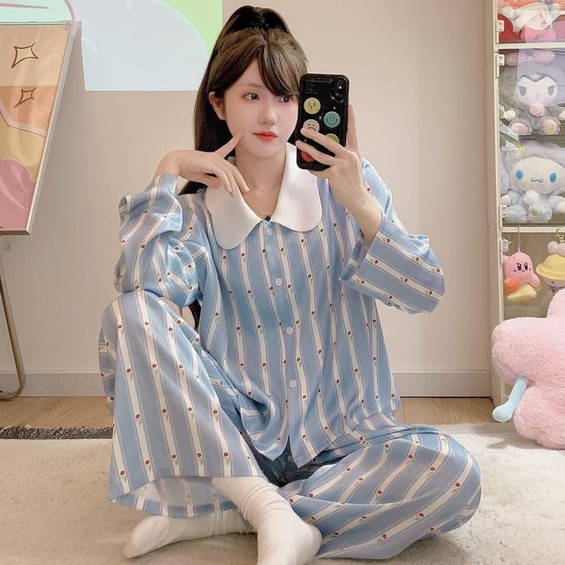 Doll Collar Pajamas Women's Long Sleeve Spring and Autumn New Sweet Rabbit Garden Home Clothing Suit Summer XXL