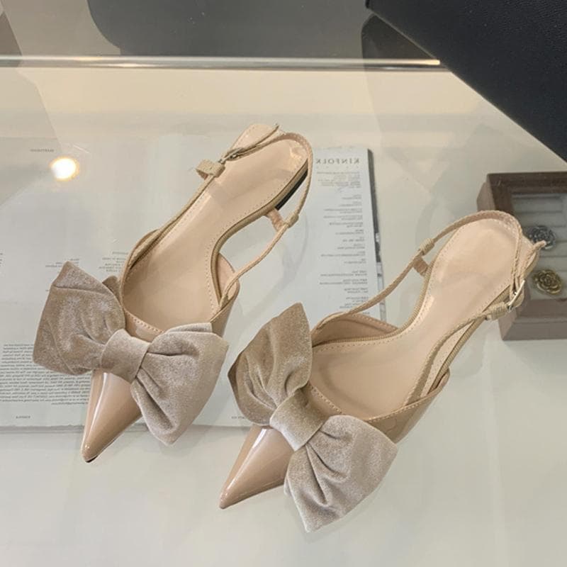 Liyke Fashion Design Big Butterfly Knot Women Flat Mules Sandals High Quality Cozy Patent Leather Pointed Toe Back Strap Shoes 35 apricot