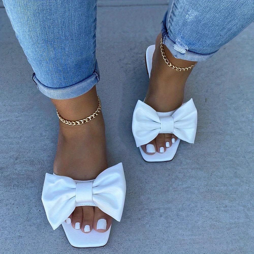Women's Bowknot Flat Slippers, Solid Color Square Open Toe Non Slip Slides Shoes, Versatile Indoor & Outdoor Slippers 36 white