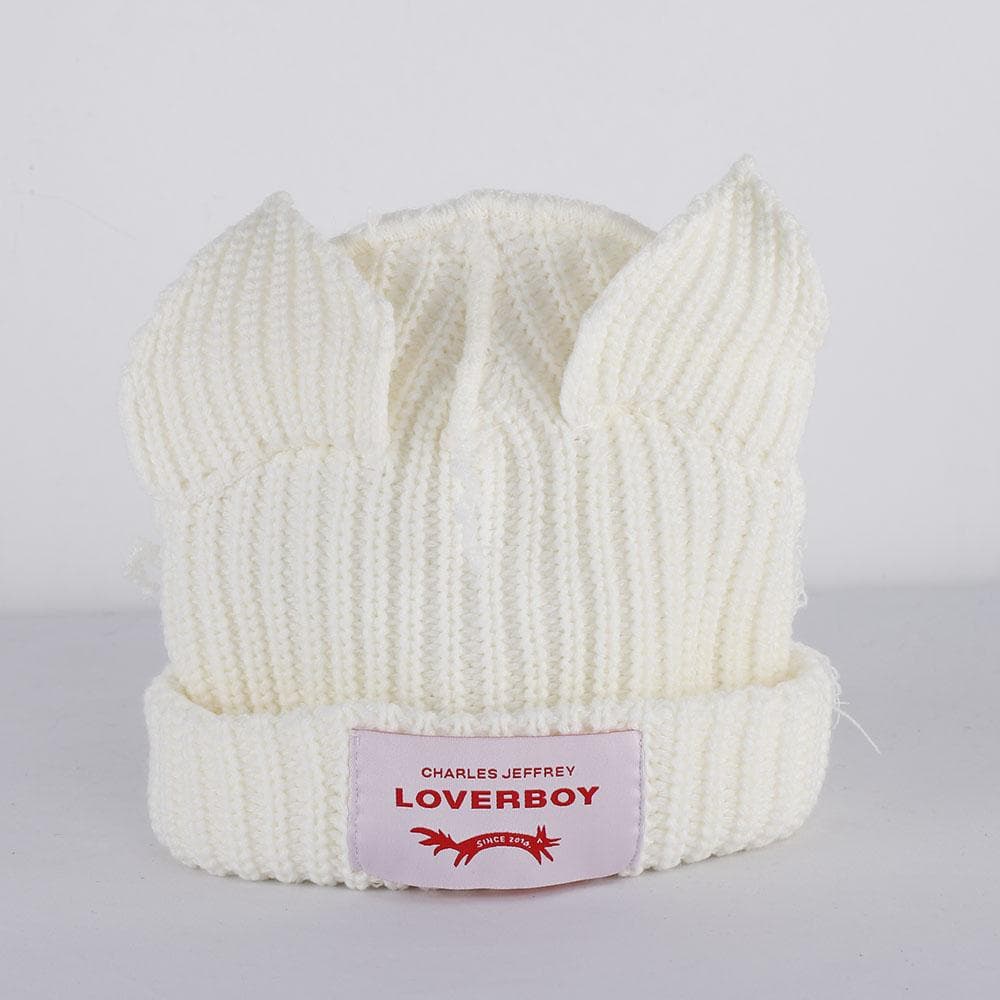 2023 Loverboy Cat Ear Knit Hat solid Warm Pig Ear Woolen Hat Cute Fashion Hooded Cap Niche Design Hip-hop Personality Cold Hat 56-58cm white