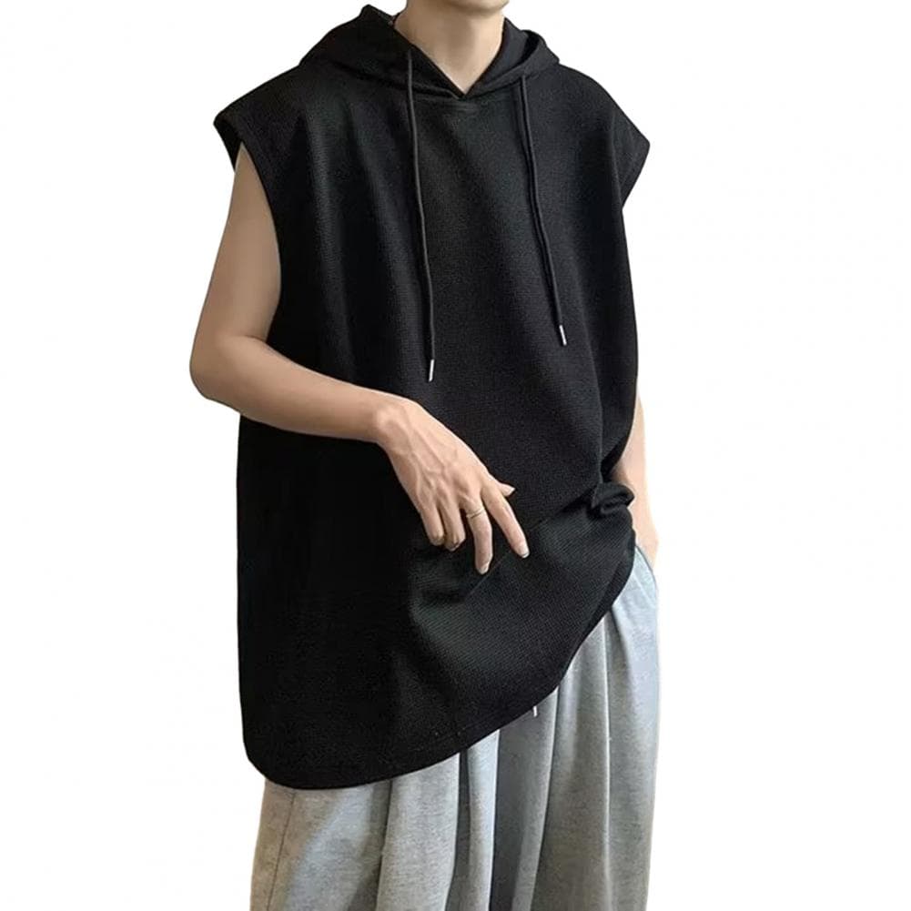 Men Summer T-shirt Vest Loose Solid Color Hooded Drawstring Pullover Mid Length Casual Sleeveless Breathable Men Tank Top M black