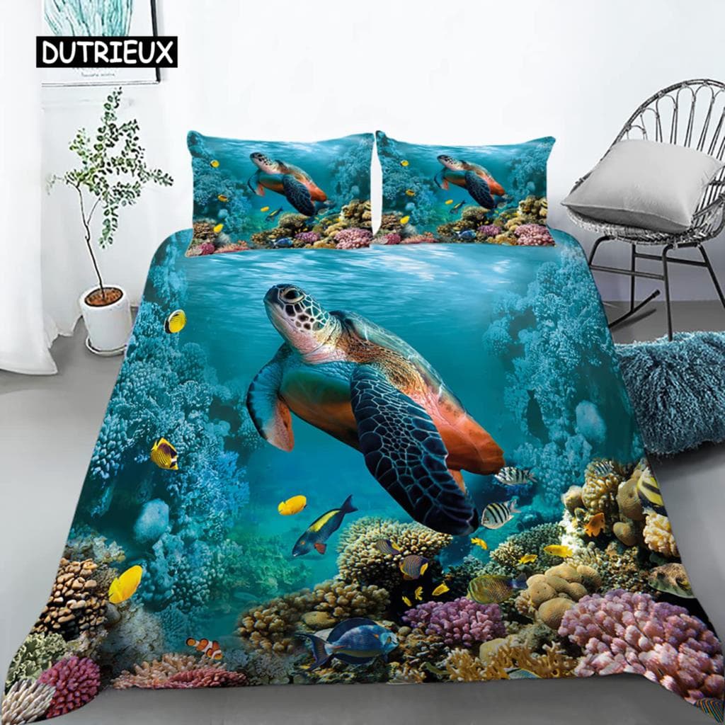 Sea Turtle Duevt Cover Set King Size Ocean Turtle Themed Comforter Cover for Teens Boys and Girls Soft Polyester Quilt Cover EU single(135x200cm)