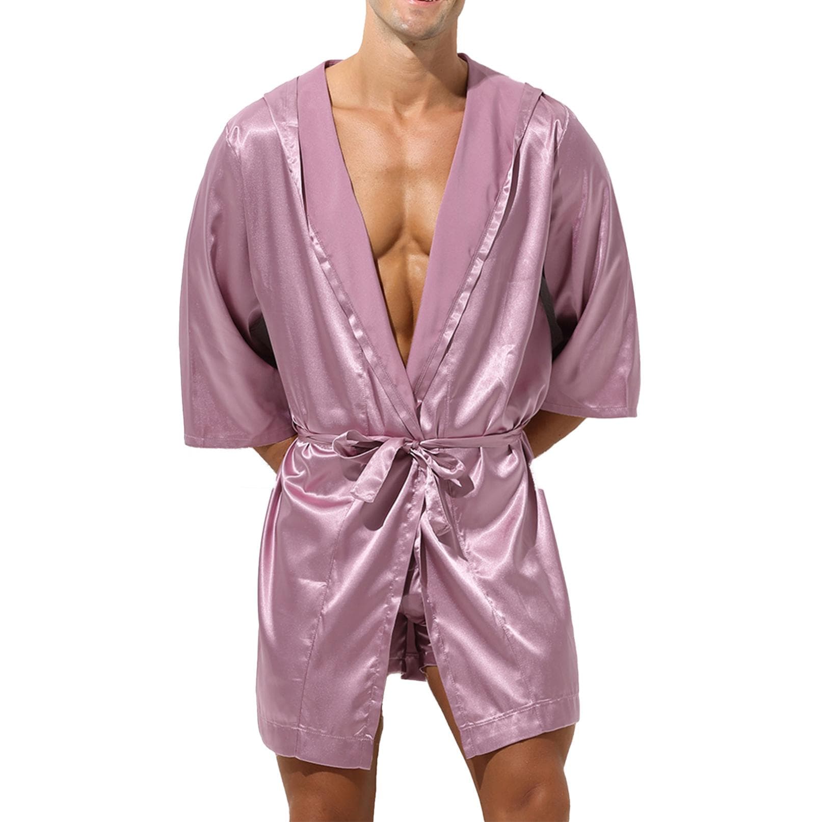 Men's Satin Open Front Robes Lightweight Sleepwear Half Sleeve Kimono Bathrobe M pink