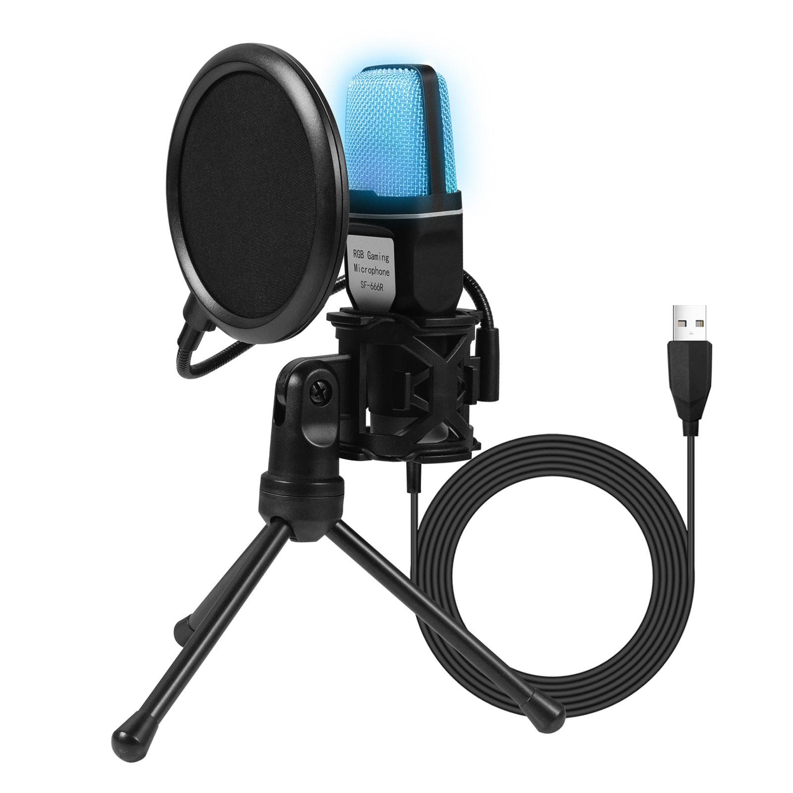 Classic net red condenser wheat RGB seven-color luminous microphone with shockproof USB computer black