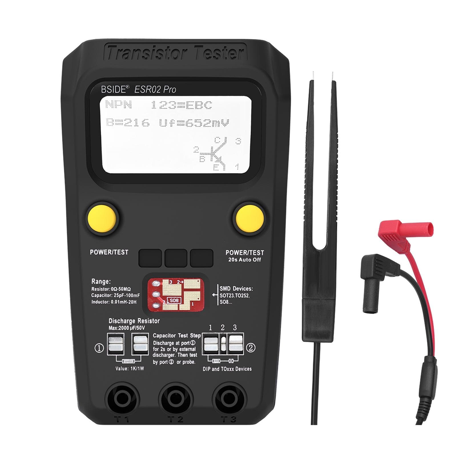 BSIDE ESR02 Pro Transistor Tester Multifunctional Digital Tester Diode Triode Resistor Capacitance With Test Clip
