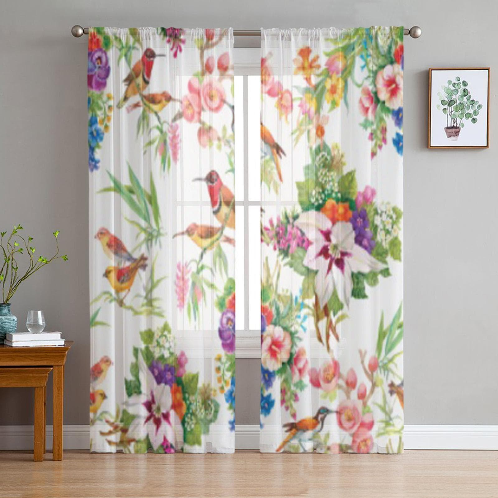 Flower Bird Tulle Sheer Curtains for Living Room Decoration Curtain for the Room Bedroom Kitchen Voile Organza Curtains 135W x 114H(cm)