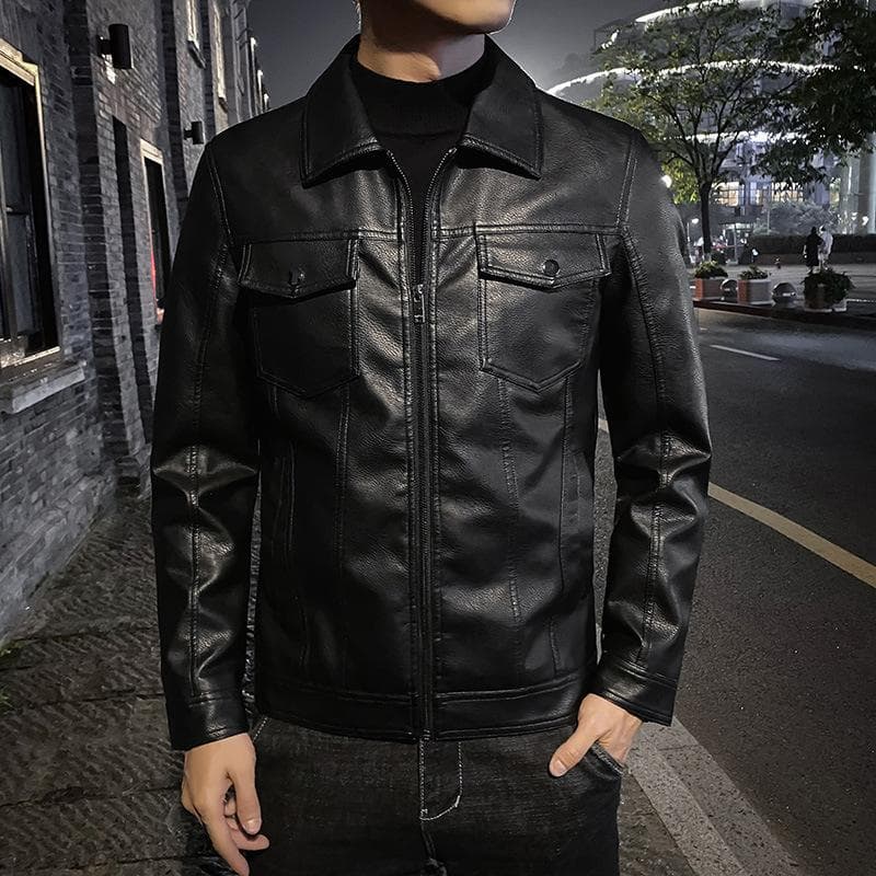 Autumn Men's Leather Jacket Casual Fashion Lapel Collar Motorcycle Clothes Men Slim Quality Leather Coats XL black