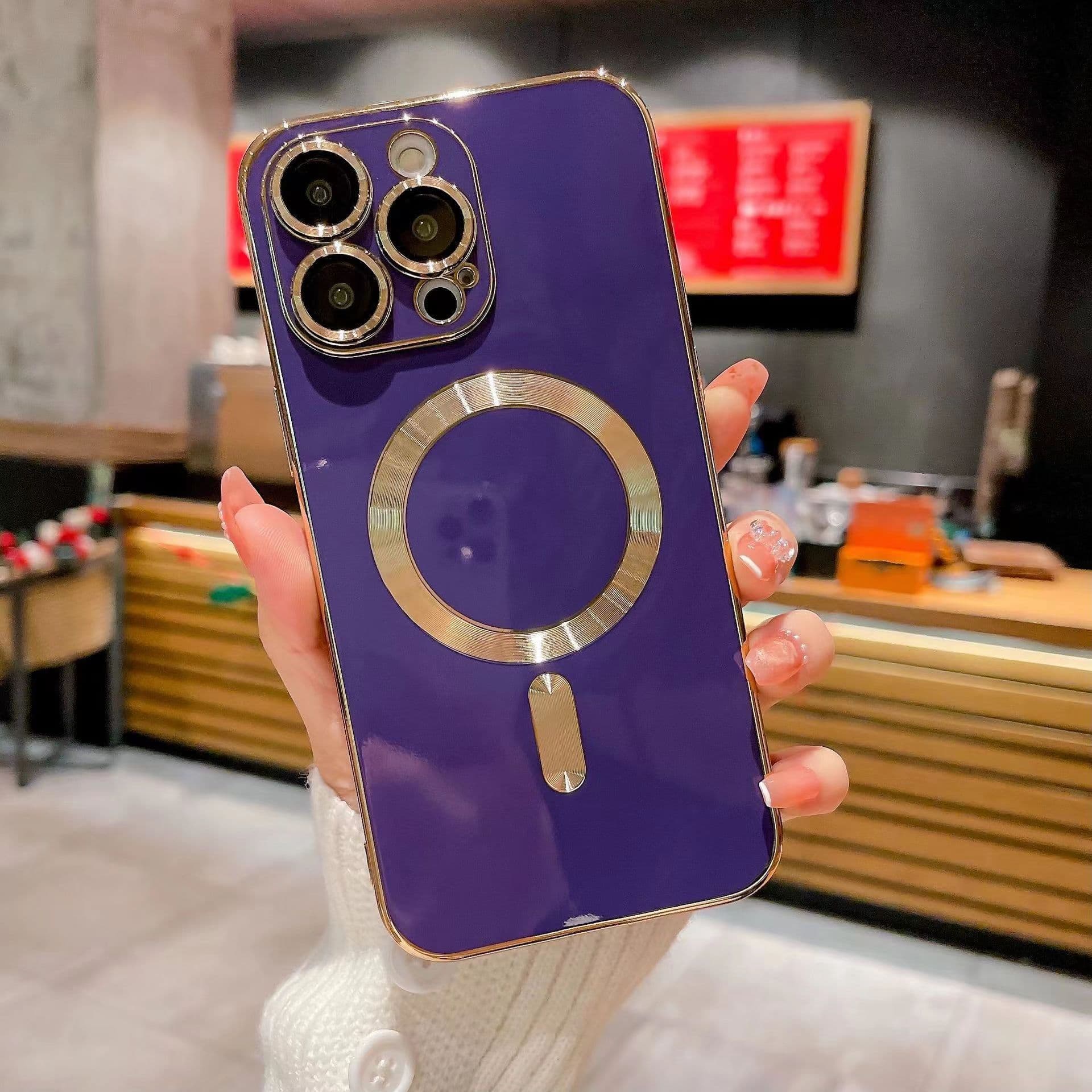 Suitable for Iphone16Pro Magnetic Phone Case, Electroplated Solid Color Apple 15 Full Cover Anti-drop 14 Protective Case iPhone11promax purple