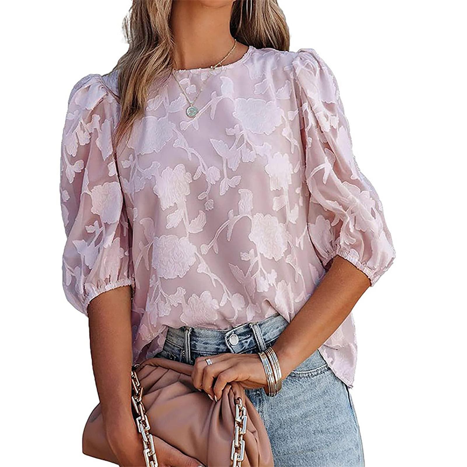 Women Puff Sleeves Chiffon Top Round Neck Jacquard Fabric Loose Casual Blouses Tops for Home S(for 2-4kg)