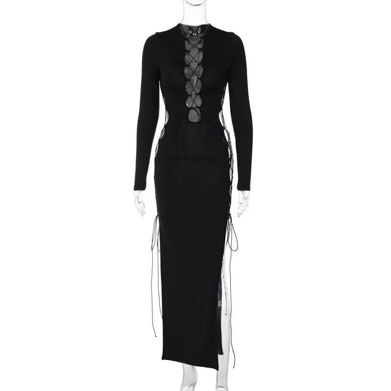 European and American Autumn New Cutout Sexy Style Lace up Slim Fit Split Long Sleeve Women's Dress M black