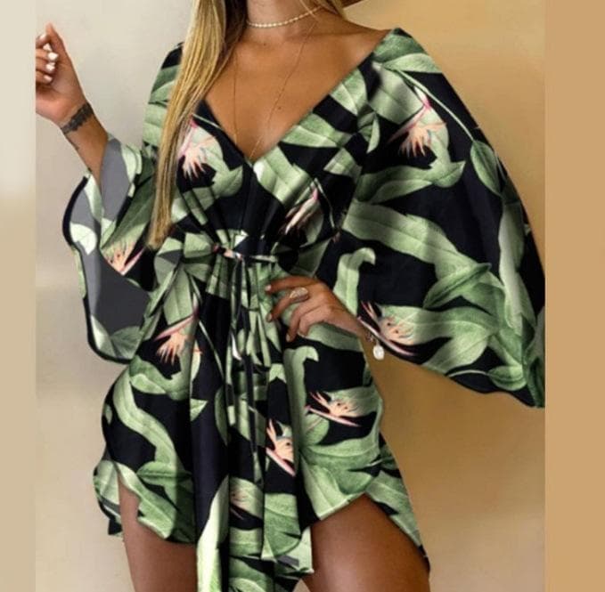 Summer Women's Sexy V-Neck Irregular Bat Sleeve Tie Dress XL