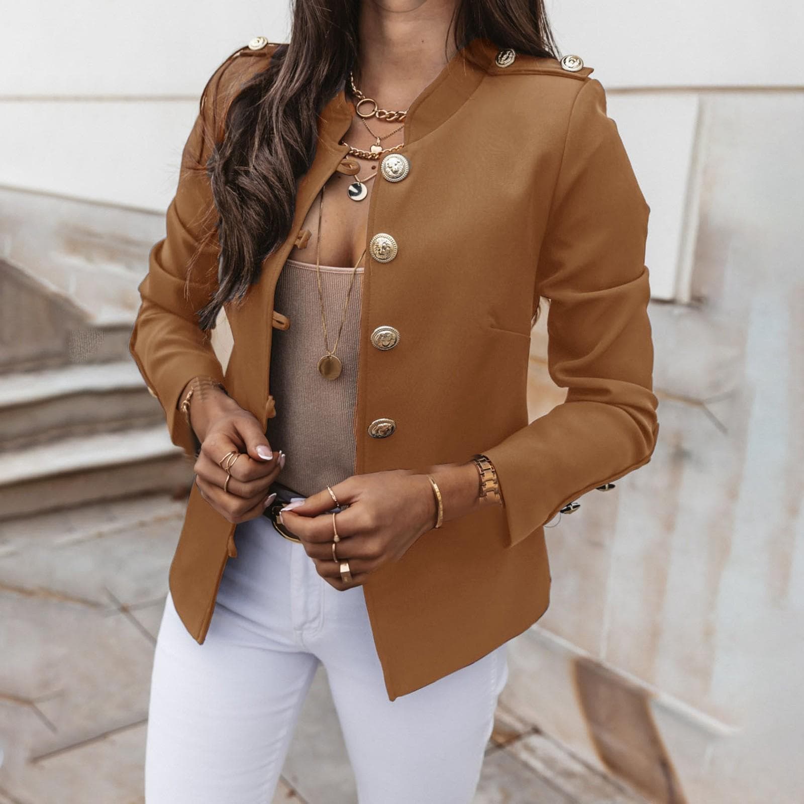 Women's Casual Solid Color Long Sleeve Slim Breasted Small Suit Short Jacket L camel
