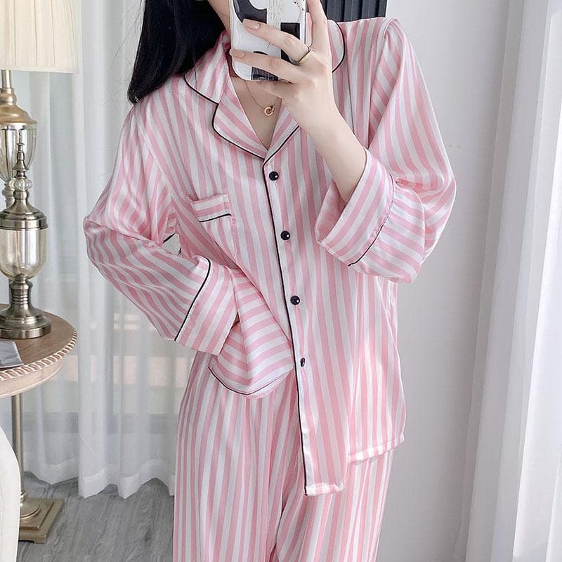 Pink Striped Pajama Set Loungewear Long Sleeves Pants Home Wear Women's Printed Lapel Sleepwear Satin Loose Casual Nightwear XL