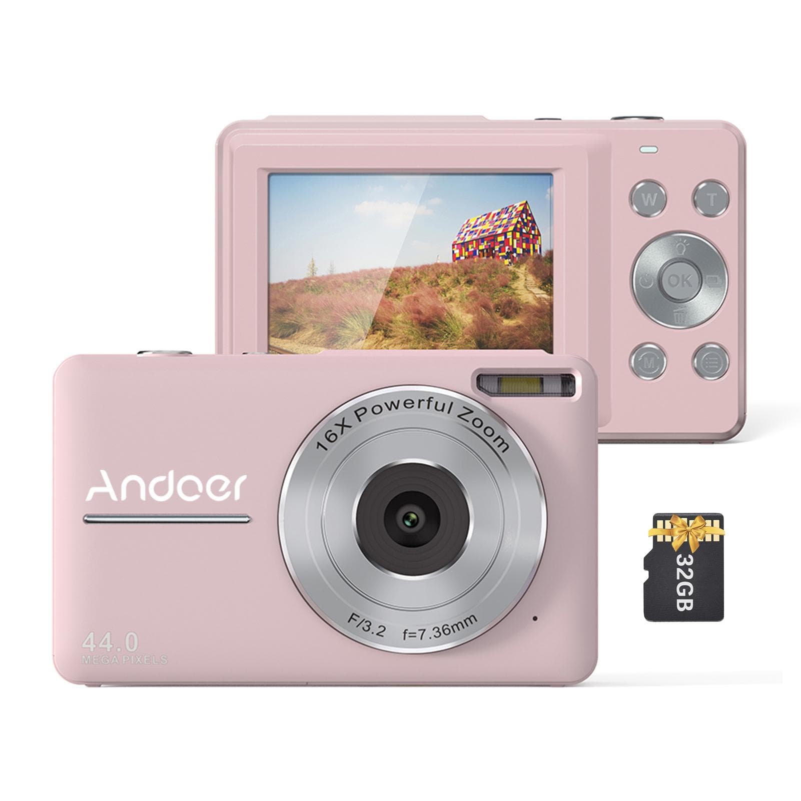 Andoer Portable 1080P Digital Camera Video Camcorder 44MP Auto Focus 2.5 IPS Screen 16X Digital pink