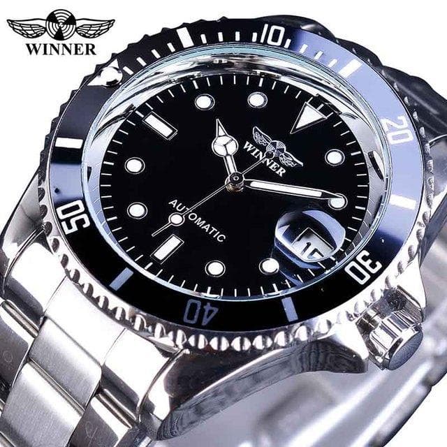 WINNER Top Men's Watch Automatic Mechanical Ribbon Calendar Water Ghost Series Watch Silver Stainless Steel Waterproof Luminous grey