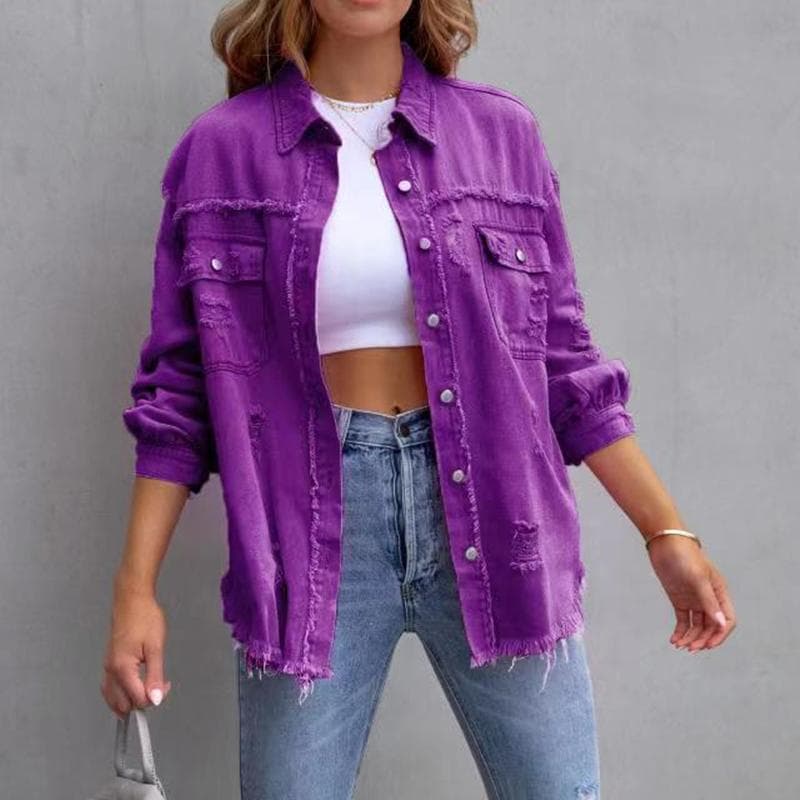 Women's Fashion Ripped Denim Women's Autumn and Winter Long-sleeved Casual Lapel Top Jacket L