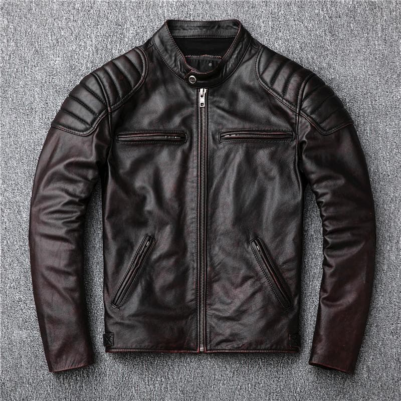 First Layer Cowhide Leather Jacket Men's Stand Collar Leather Jacket Retro Aged Red Brown M black