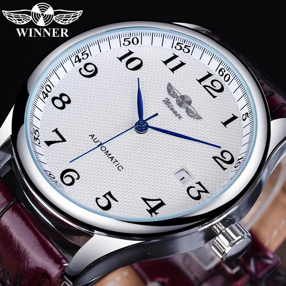 Winner Black Date Automatic Watch Leather Band Business Sports Watches Top Brand Luxury Men's Fashion Casual Mechanical Clock None brown