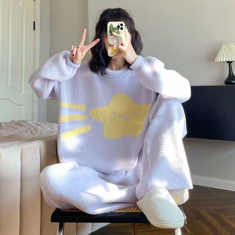 Extra Large Size Can Wear Sweet Flower Pajamas Women's Autumn and Winter Coral Fleece Thickened Wear Warm Loungewear Sweet Suit 4XL